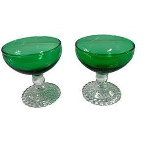 2 Anchor Hocking Forest Glasses Green Boopie Sherbet‎ Pedestal Champagne Vintage